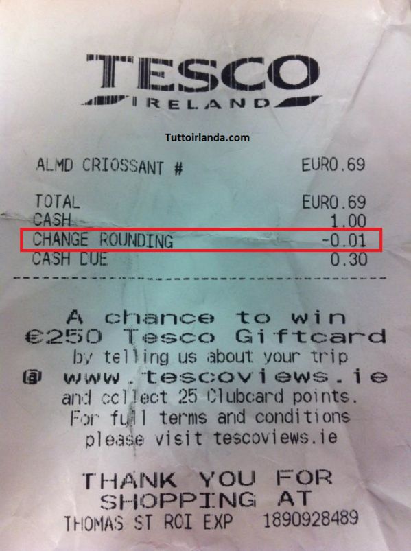 scontrino Tesco Irlanda arrotondamento