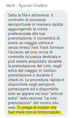 Chatbot chat che spiega che fast track non é rimborsabile